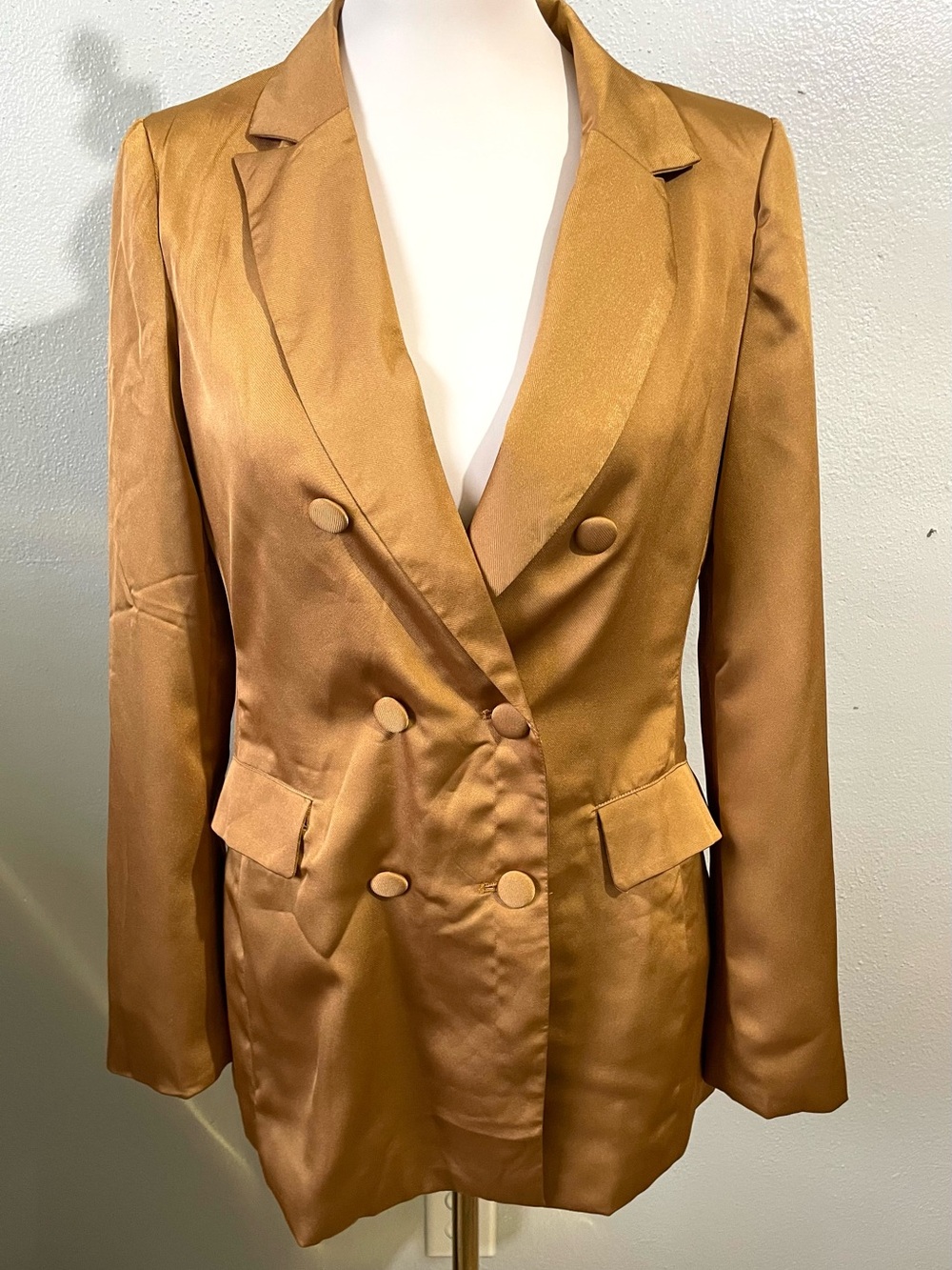 A Peach Gold Bronze Double Breasted Blazer Jacket Textured Tailored Old Money
